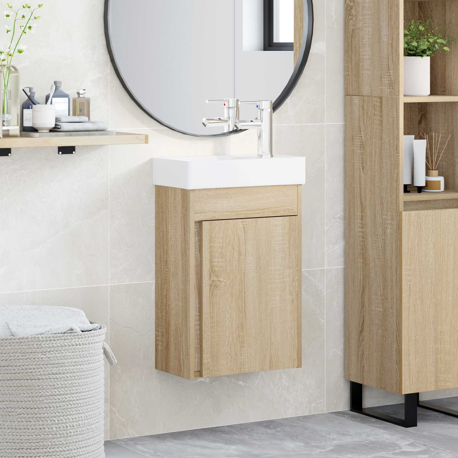 vidaXL Badezimmer Waschtischunterschrank mit Wasserhahn Sonoma-Eiche