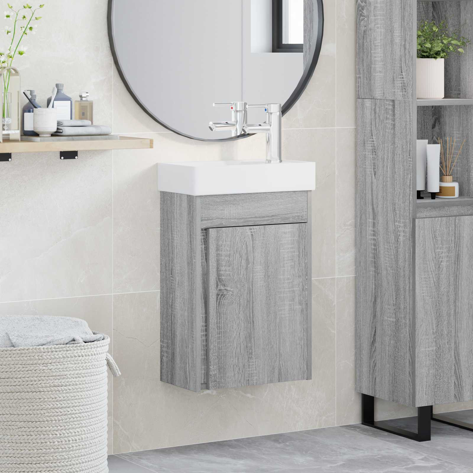 vidaXL Badezimmer Waschtischunterschrank mit Wasserhahn Grau Sonoma