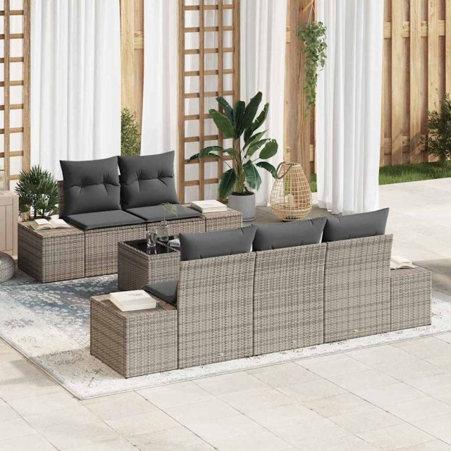 vidaXL Sofa Set mit Kissen 6 pcs Grau Poly Rattan