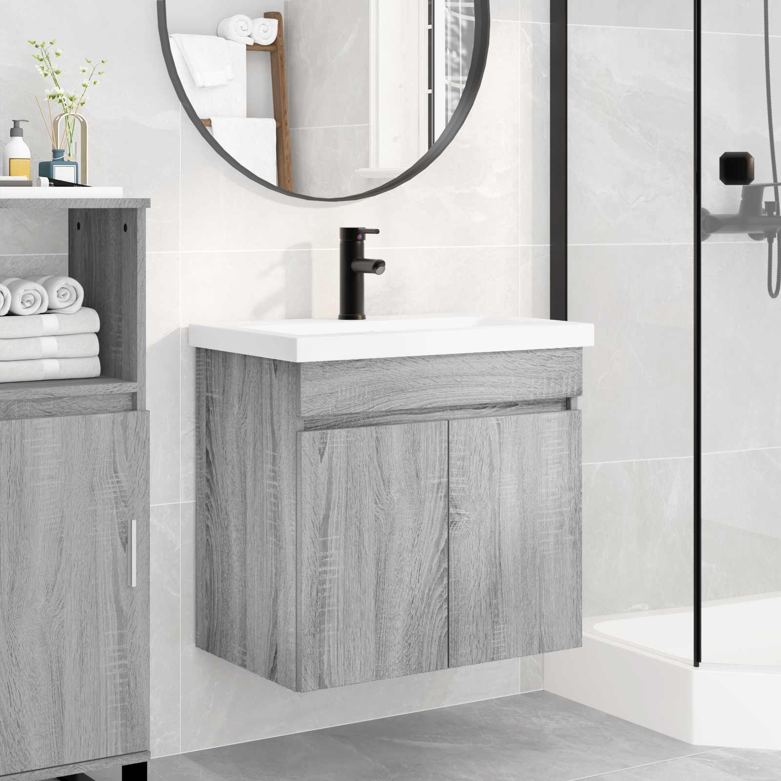 vidaXL Badezimmer Waschtischunterschrank mit Wasserhahn Grau Sonoma