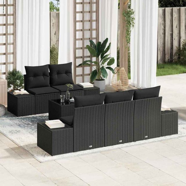 vidaXL Sofa Set mit Kissen Schwarz Poly Rattan