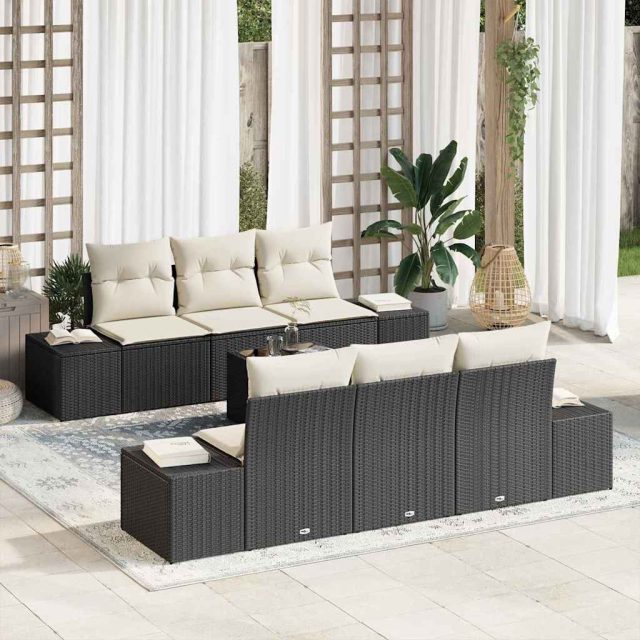 vidaXL Sofa Set mit Kissen 7 pcs Schwarz Poly Rattan