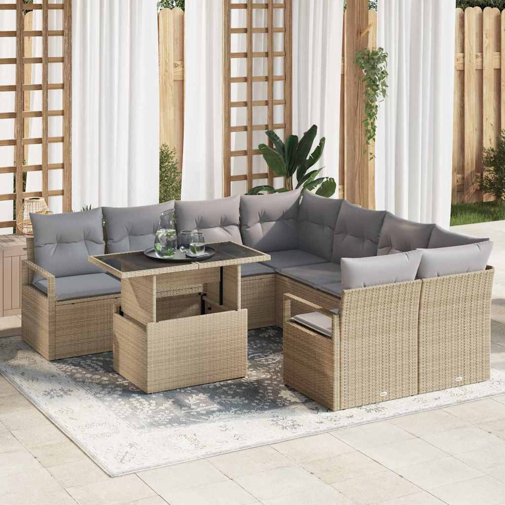 vidaXL Garten-Sofa-Set mit Kissen 9 pcs Beige und Hellgrau Poly-Rattan