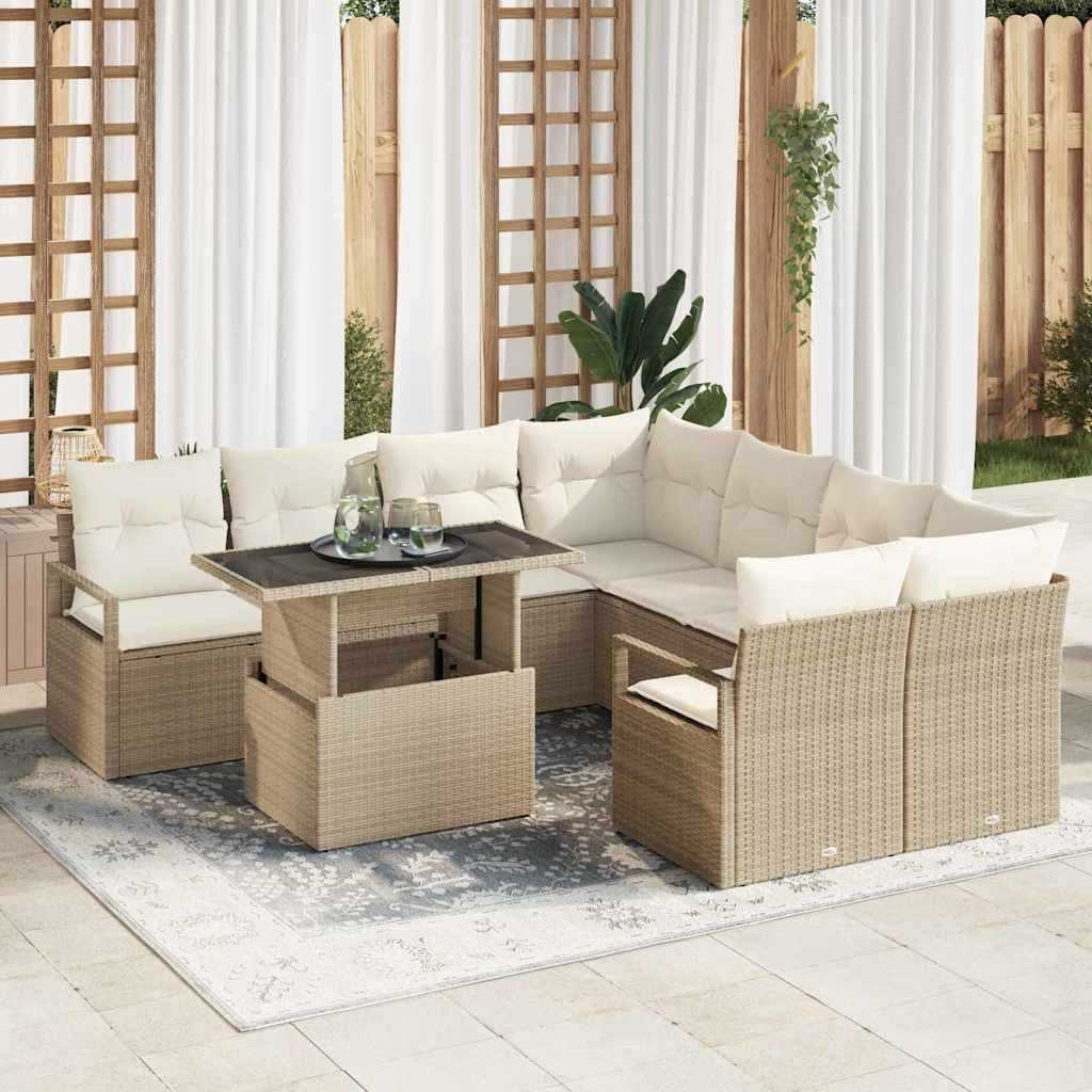 vidaXL Garten-Sofa-Set mit Kissen 9 pcs Beige und Creme Poly-Rattan