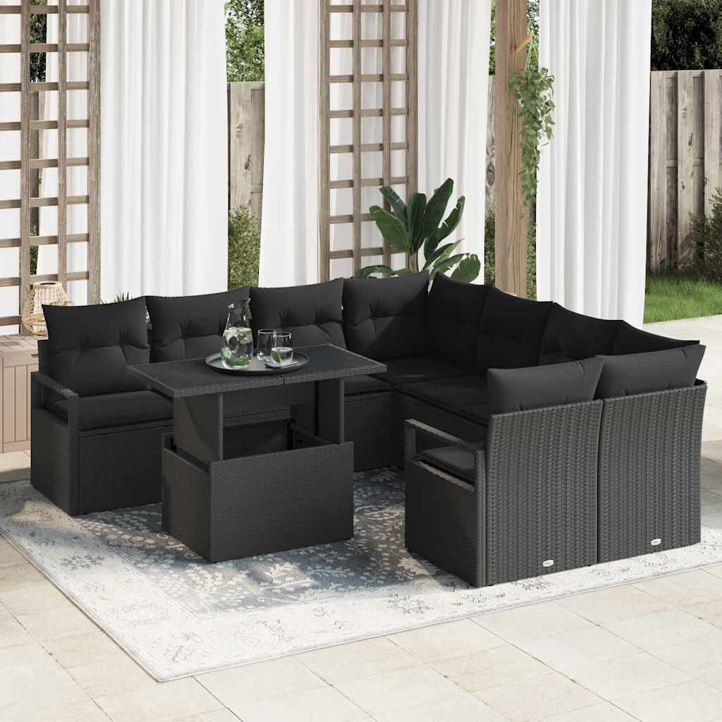 vidaXL Garten-Sofa-Set mit Kissen 9 pcs Schwarz Poly-Rattan