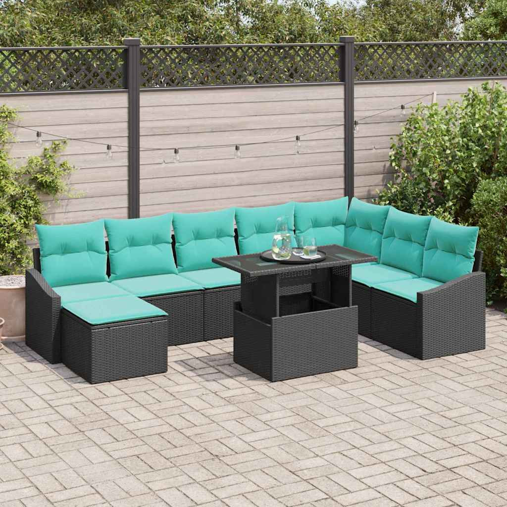 vidaXL Sofa Set mit Kissen 9 pcs Schwarz und Blau Poly-Rattan