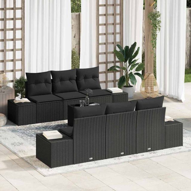 vidaXL Sofa Set mit Kissen 7 pcs Schwarz Poly Rattan