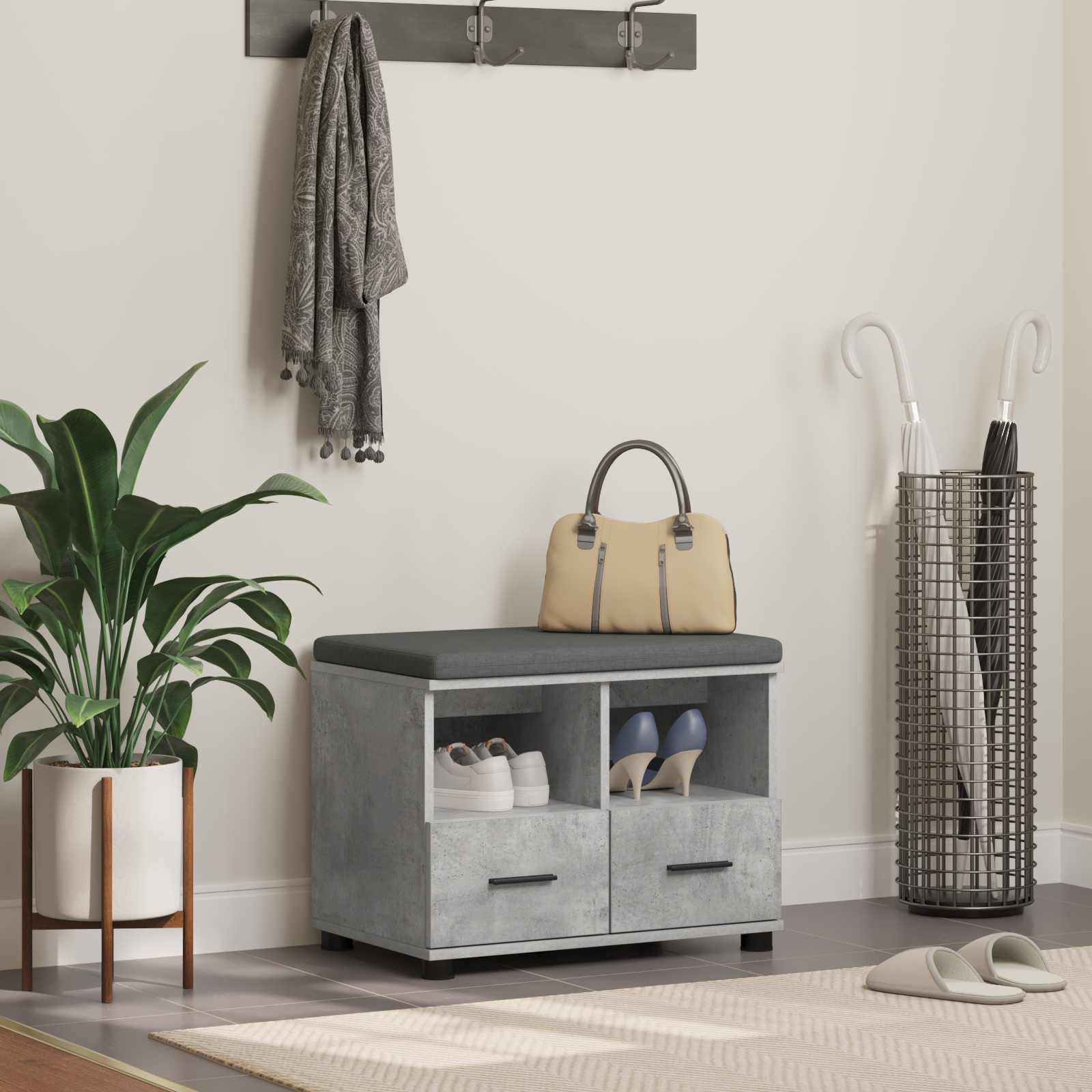 vidaXL Flurbank mit Kissen mit Schubladen Betongrau 60 x 38 x 46 cm
