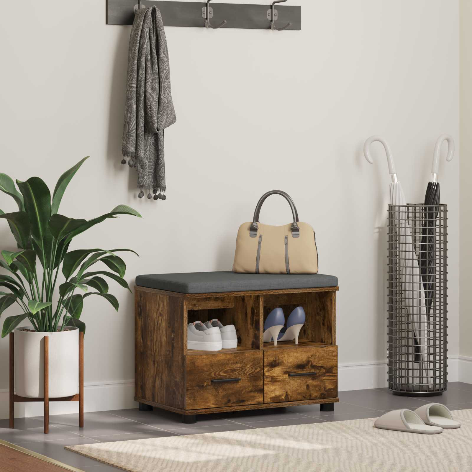 vidaXL Flurbank mit Kissen mit Regal Geräucherte Eiche 60 x 38 x 46 cm