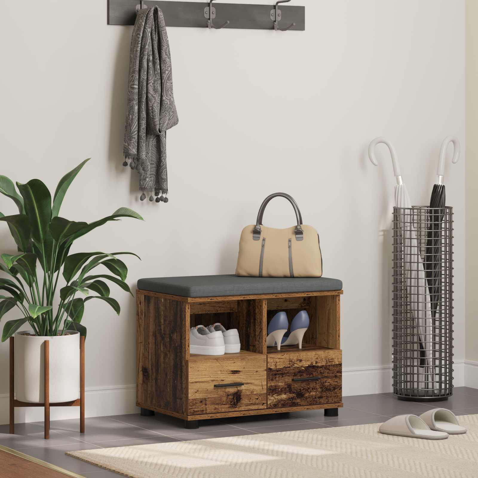 vidaXL Flurbank mit Kissen mit Schubladen Altholz 60 x 38 x 46 cm