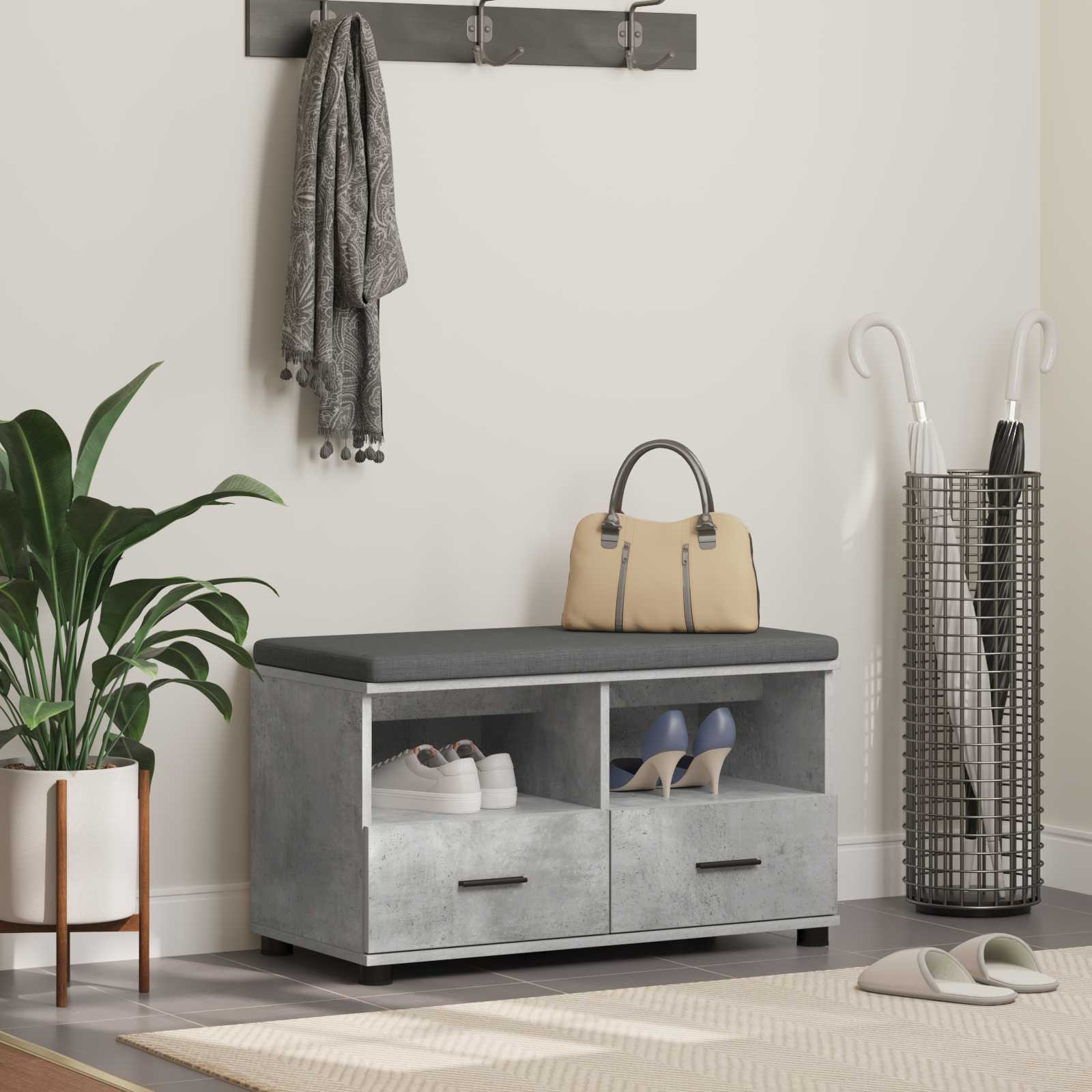vidaXL Flurbank mit Kissen mit Schubladen Betongrau 80 x 38 x 46 cm