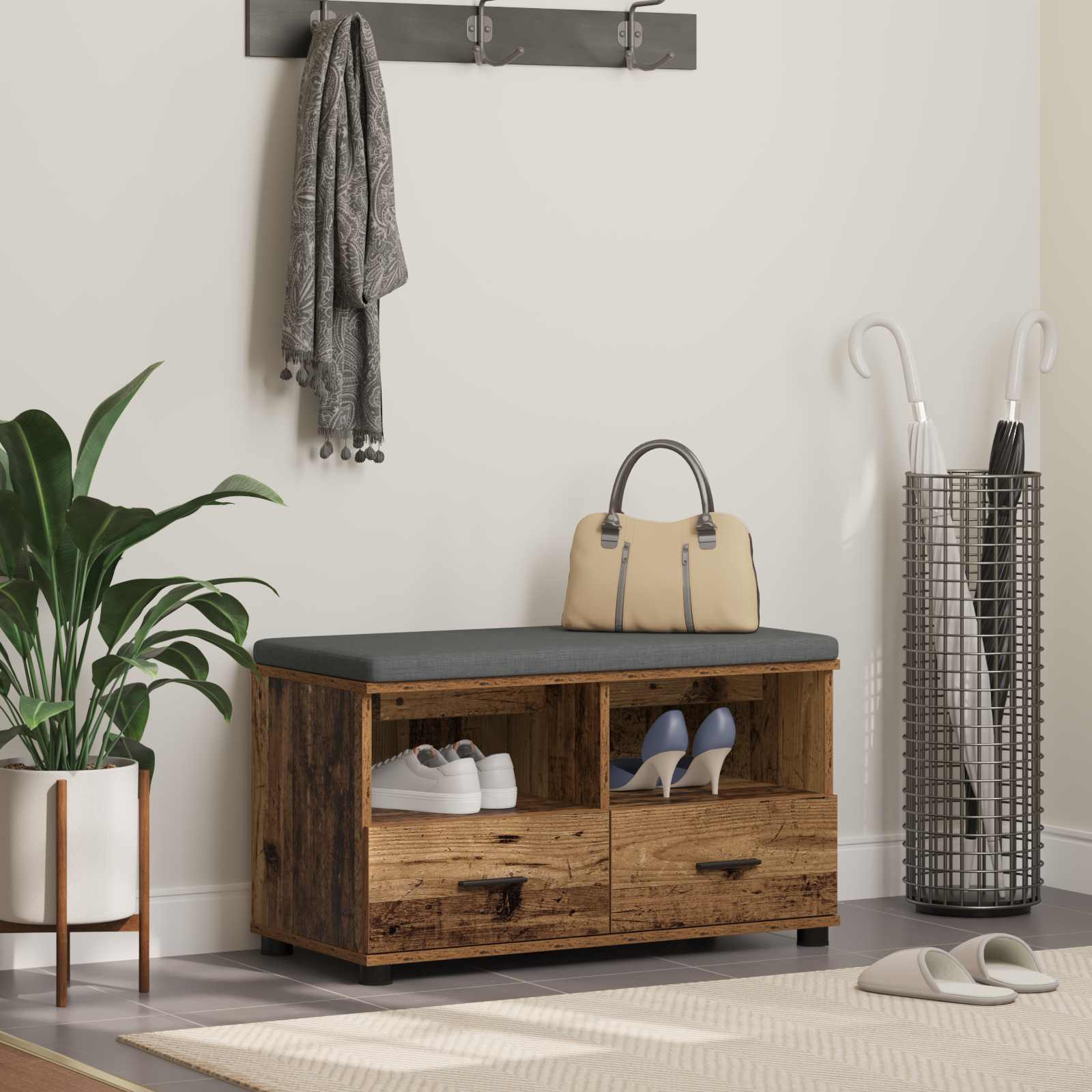 vidaXL Flurbank mit Kissen mit Schubladen Altholz 80 x 38 x 46 cm
