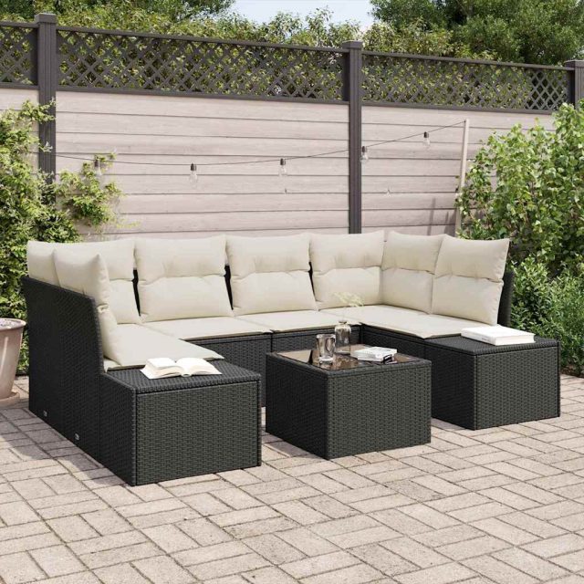 vidaXL Sofa Set mit Kissen 7 pcs Schwarz Poly Rattan