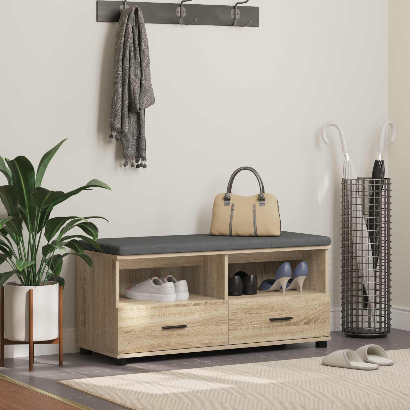 vidaXL Flurbank mit Kissen mit Regal Sonoma-Eiche 100 x 38 x 46 cm