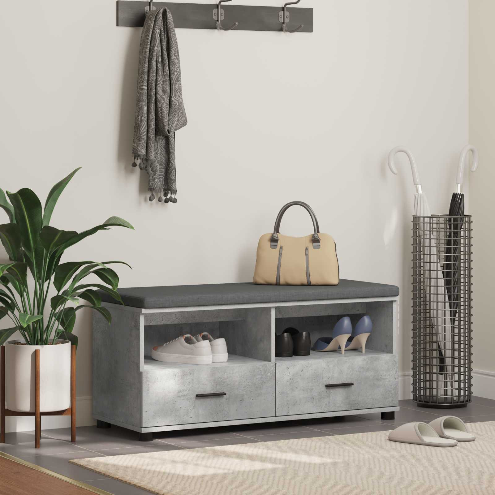 vidaXL Flurbank mit Kissen mit Schubladen Betongrau 100 x 38 x 46 cm