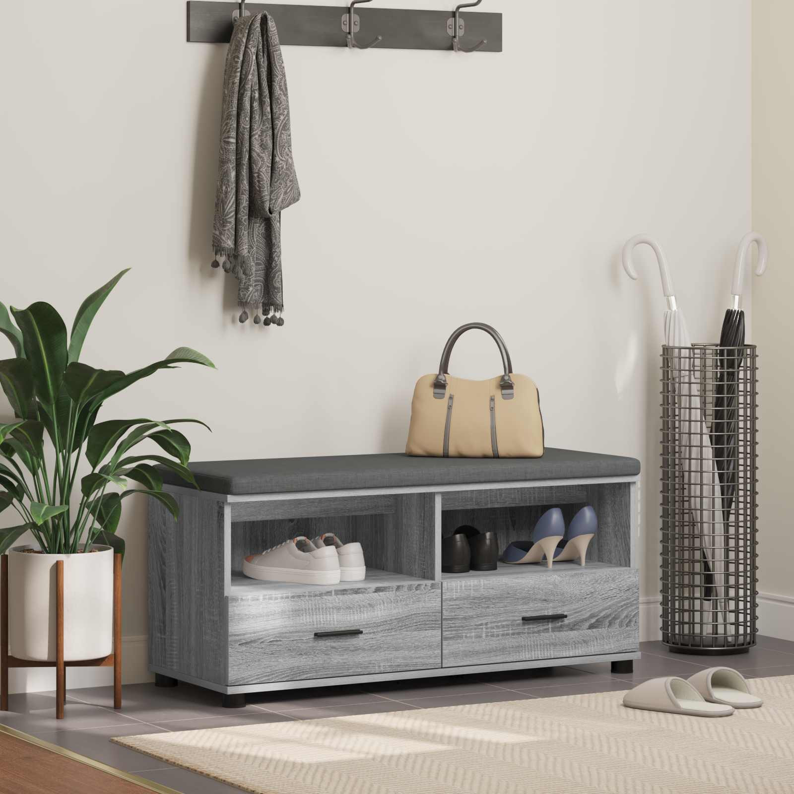 vidaXL Flurbank mit Kissen mit Regal Graues Sonoma 100 x 38 x 46 cm