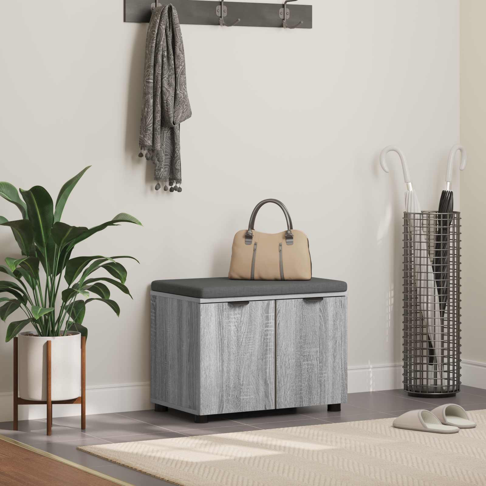 vidaXL Flurbank mit Kissen mit Regal Graues Sonoma 60 x 38 x 46 cm