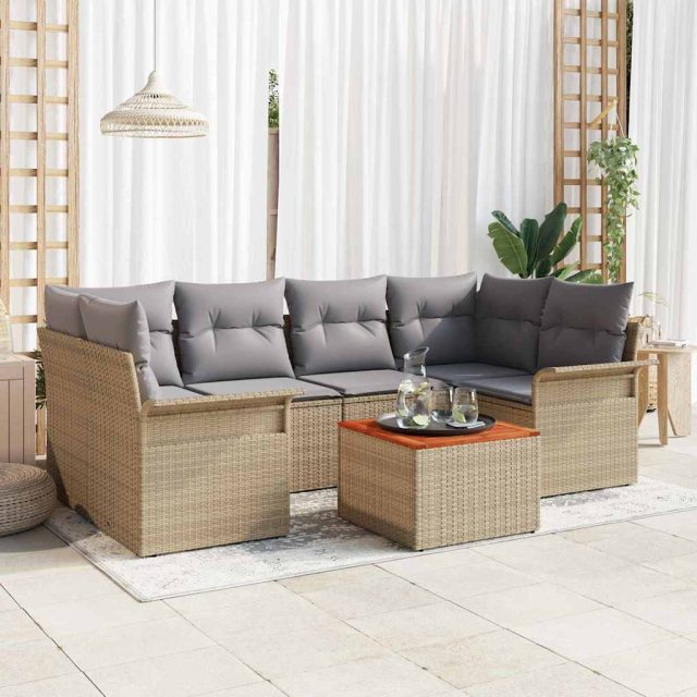 vidaXL Gartensofa-set mit Kissen 7 pcs Beige Poly-Rattan