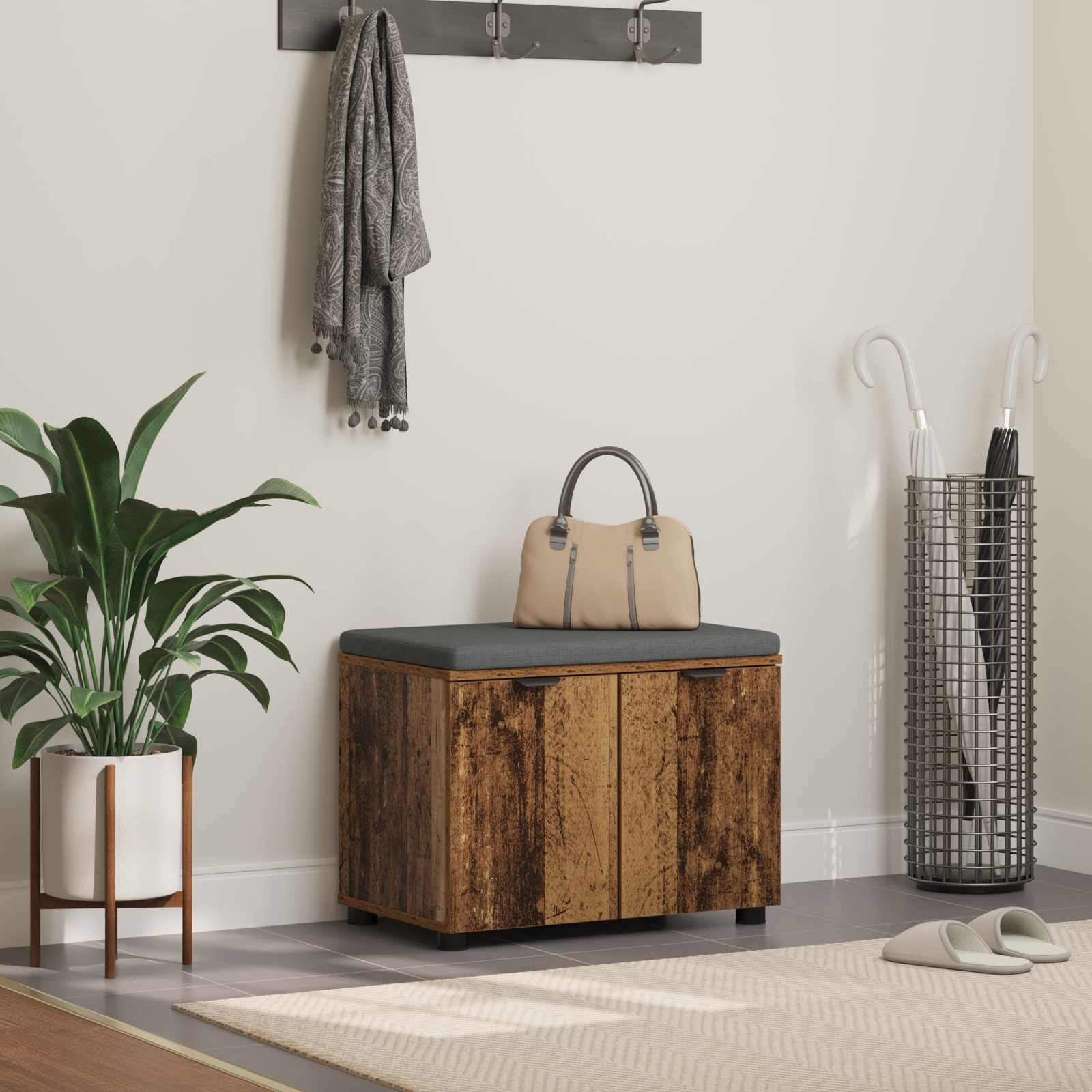 vidaXL Flurbank mit Kissen mit Regal mit Tür Altholz 60 x 38 x 46 cm