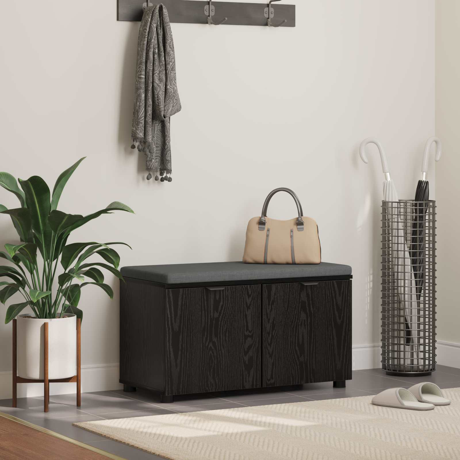 vidaXL Flurbank mit Kissen mit Regal Schwarze Eiche 80 x 38 x 46 cm