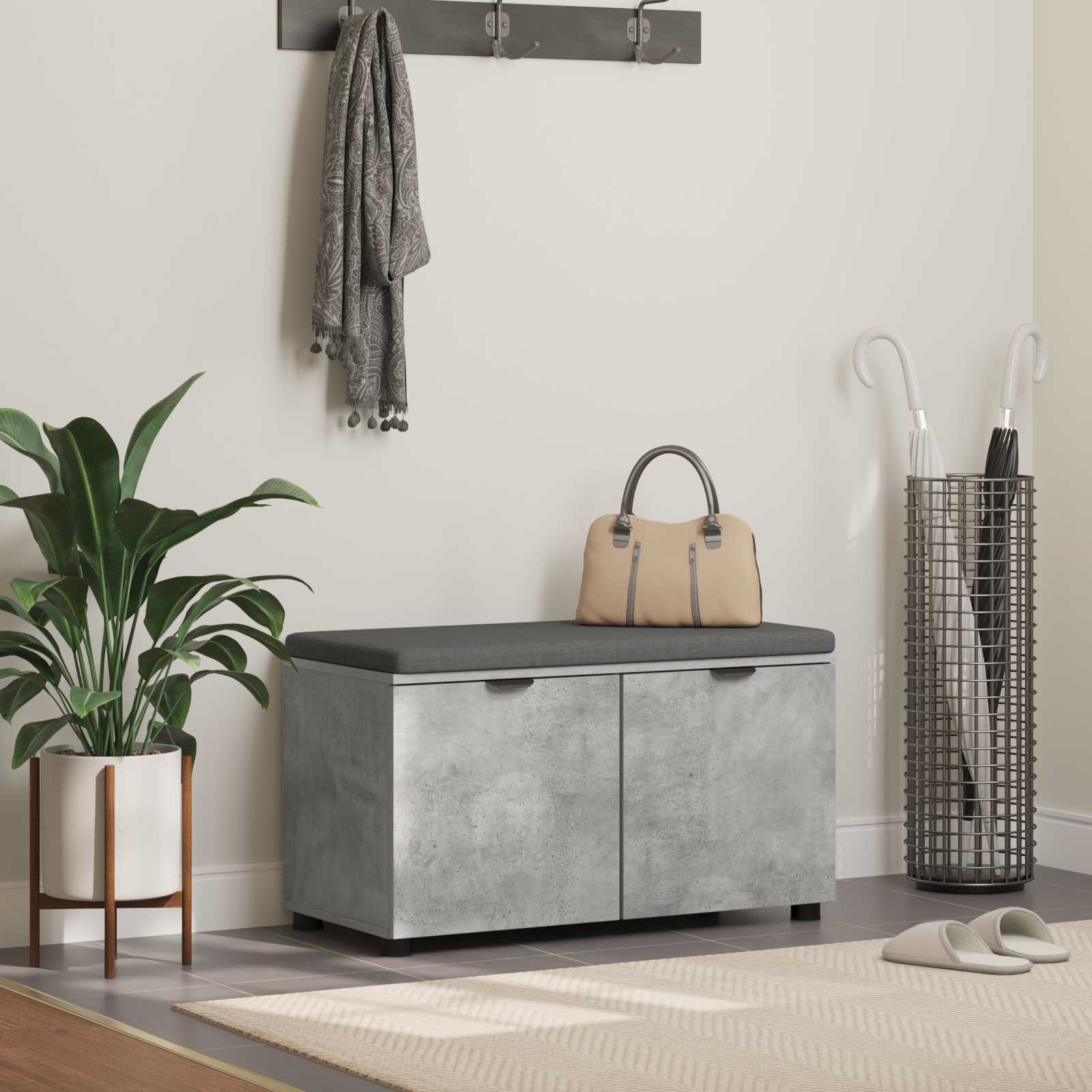 vidaXL Flurbank mit Kissen mit Regal mit Tür Betongrau 80 x 38 x 46 cm