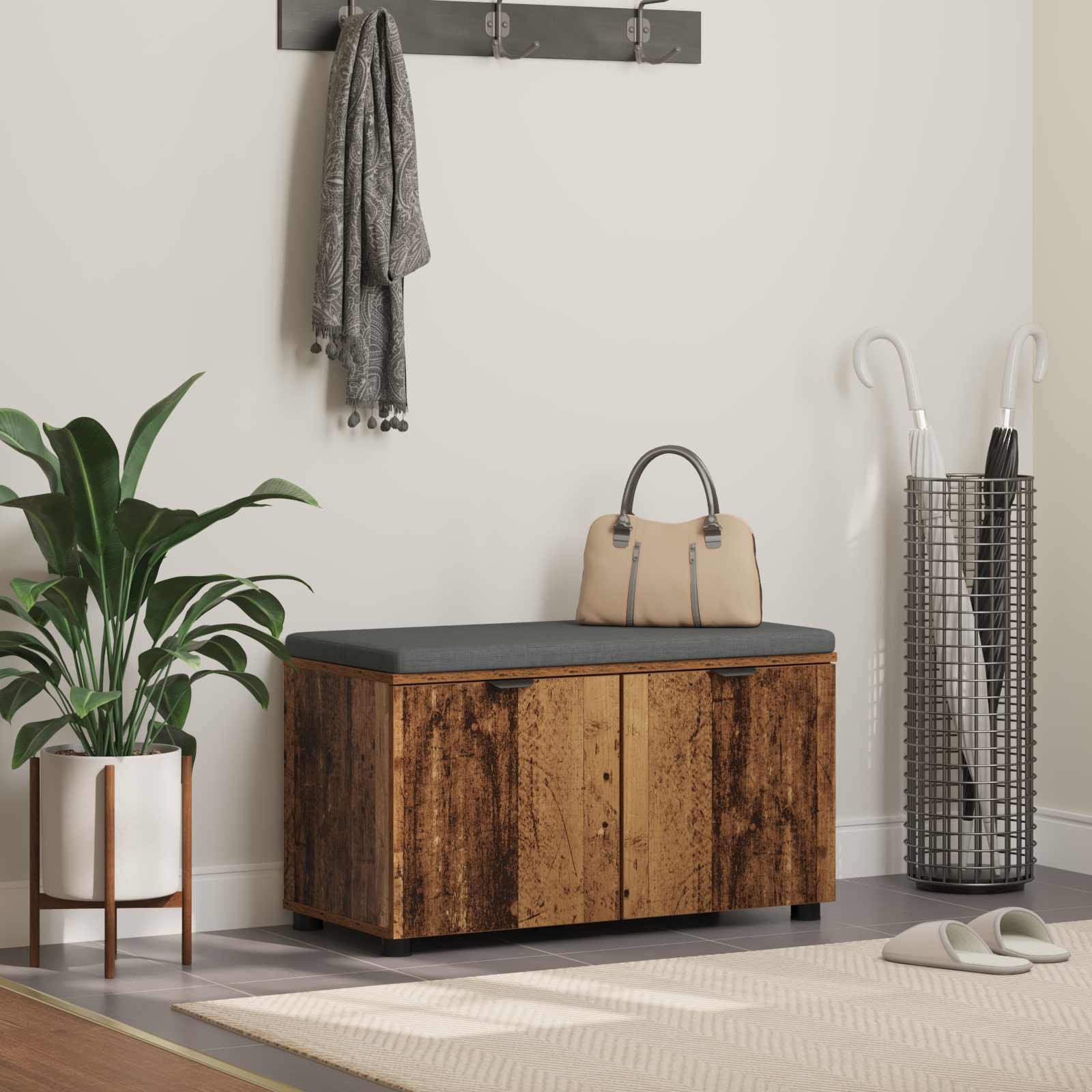 vidaXL Flurbank mit Kissen mit Regal mit Tür Altholz 80 x 38 x 46 cm