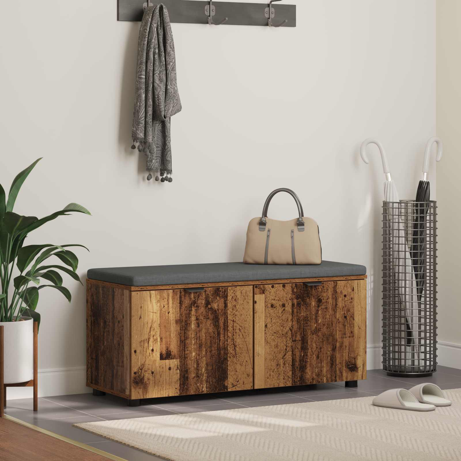 vidaXL Flurbank mit Kissen mit Regal mit Tür Altholz 100 x 38 x 46 cm