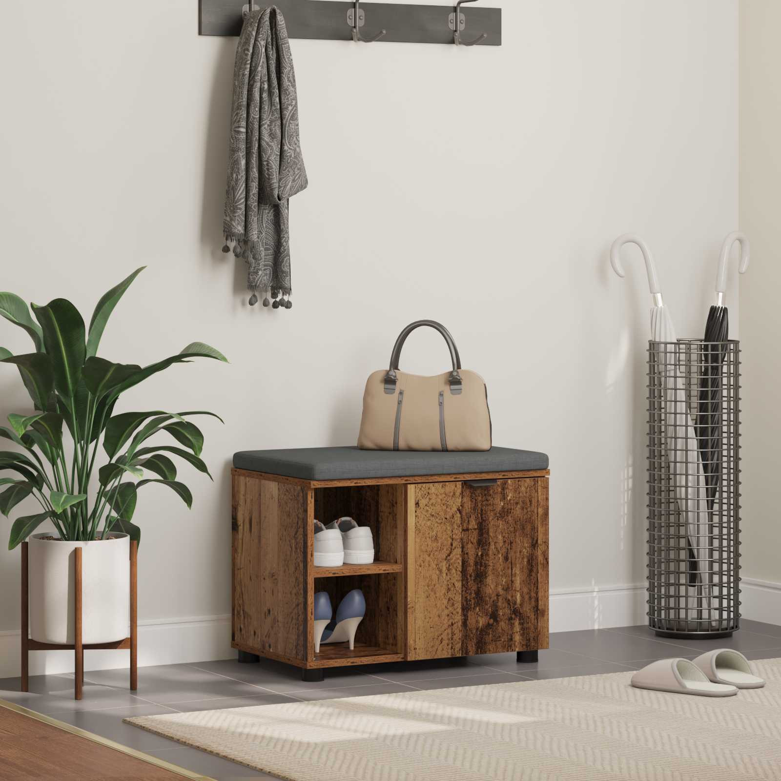 vidaXL Flurbank mit Kissen mit Regal mit Tür Altholz 60 x 38 x 46 cm