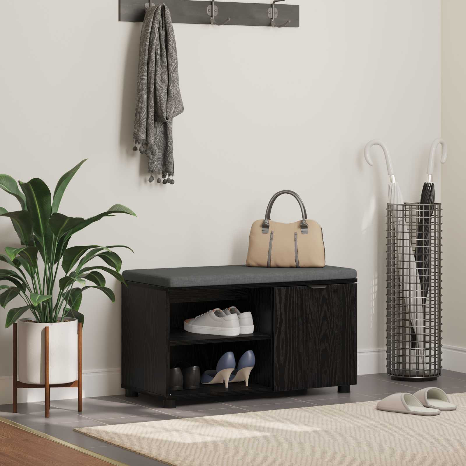vidaXL Flurbank mit Kissen mit Regal Schwarze Eiche 80 x 38 x 46 cm