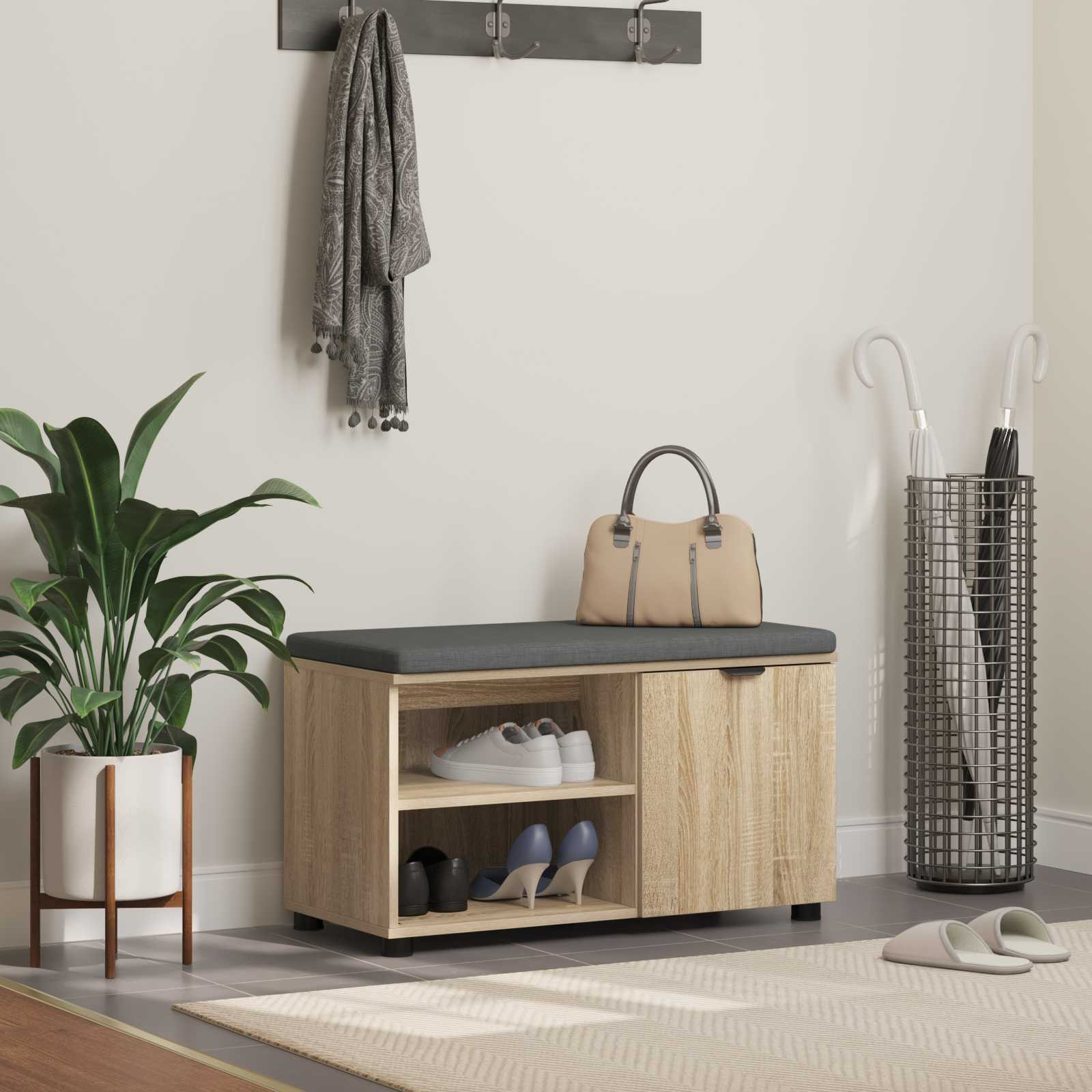 vidaXL Flurbank mit Kissen mit Regal Sonoma-Eiche 80 x 38 x 46 cm