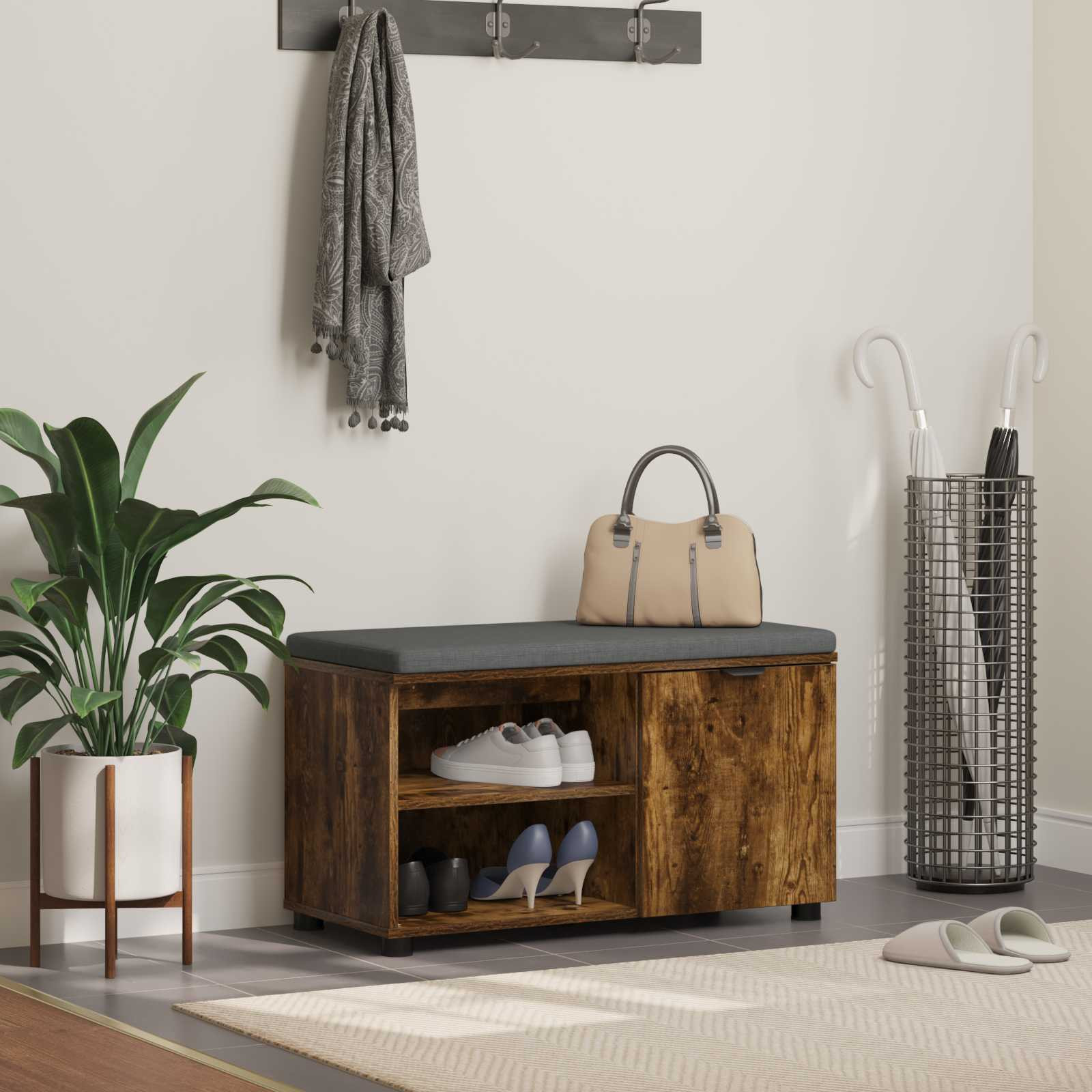 vidaXL Flurbank mit Kissen mit Regal Geräucherte Eiche 80 x 38 x 46 cm
