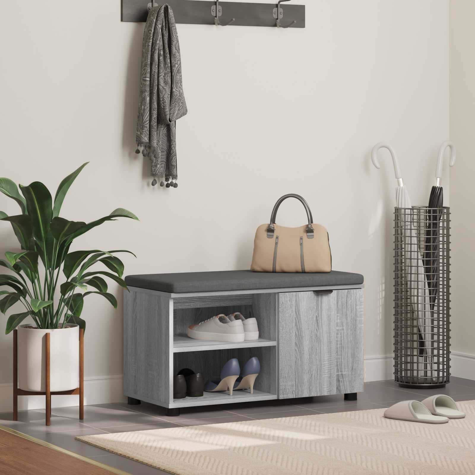 vidaXL Flurbank mit Kissen mit Regal Graues Sonoma 80 x 38 x 46 cm