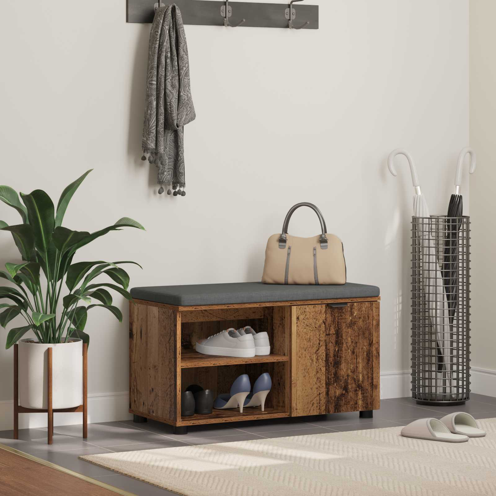 vidaXL Flurbank mit Kissen mit Regal mit Tür Altholz 80 x 38 x 46 cm