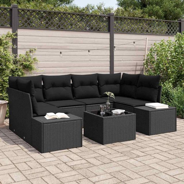 vidaXL Sofa Set mit Kissen 7 pcs Schwarz Poly Rattan