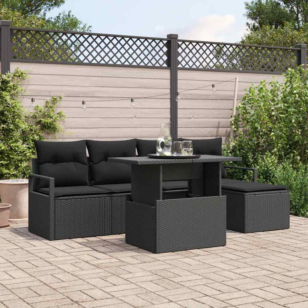 vidaXL Garten-Sofa-Set mit Kissen 6 pcs Schwarz Poly-Rattan