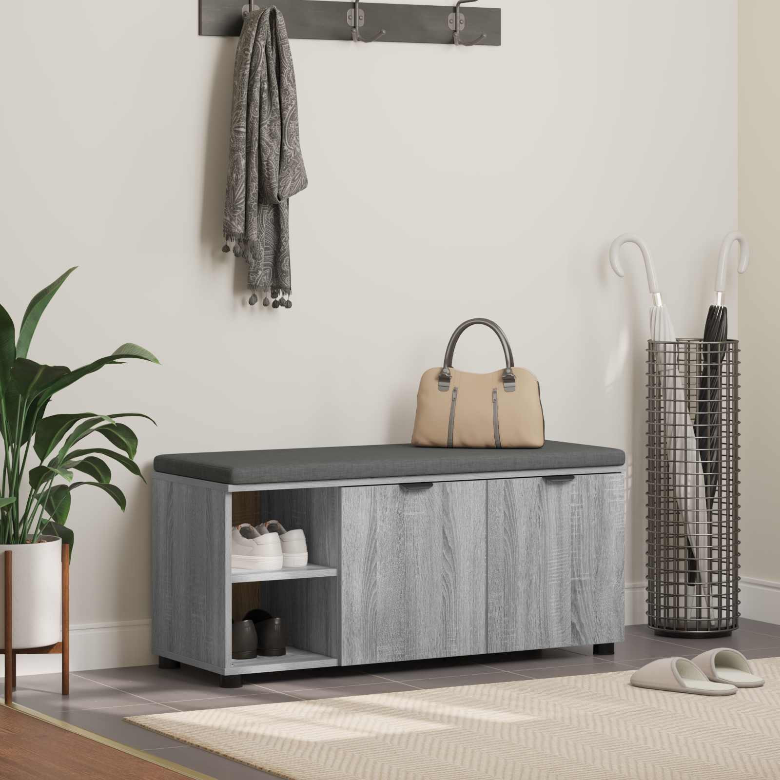 vidaXL Flurbank mit Kissen mit Regal Graues Sonoma 100 x 38 x 46 cm