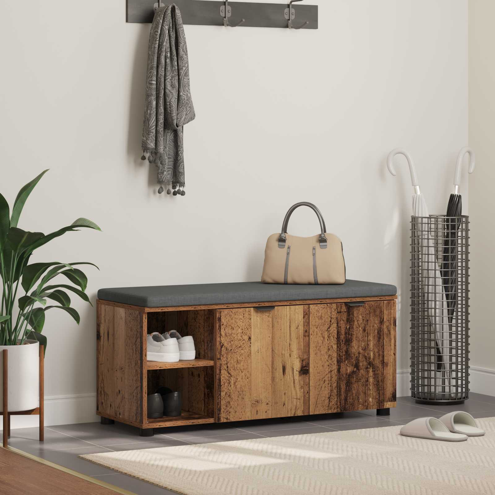 vidaXL Flurbank mit Kissen mit Regal mit Tür Altholz 100 x 38 x 46 cm