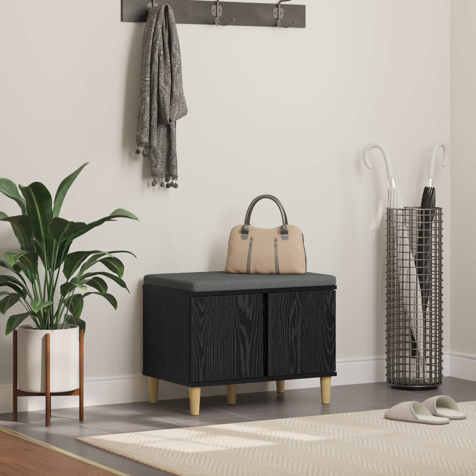 vidaXL Flurbank mit Kissen mit Speicher Schwarze Eiche 60 x 38 x 46 cm