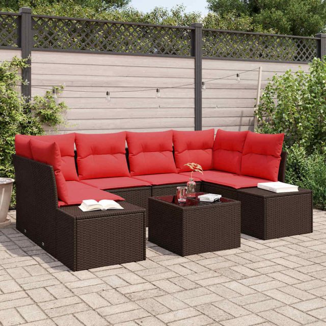 vidaXL Sofa Set mit Kissen 7 pcs Braun Poly Rattan