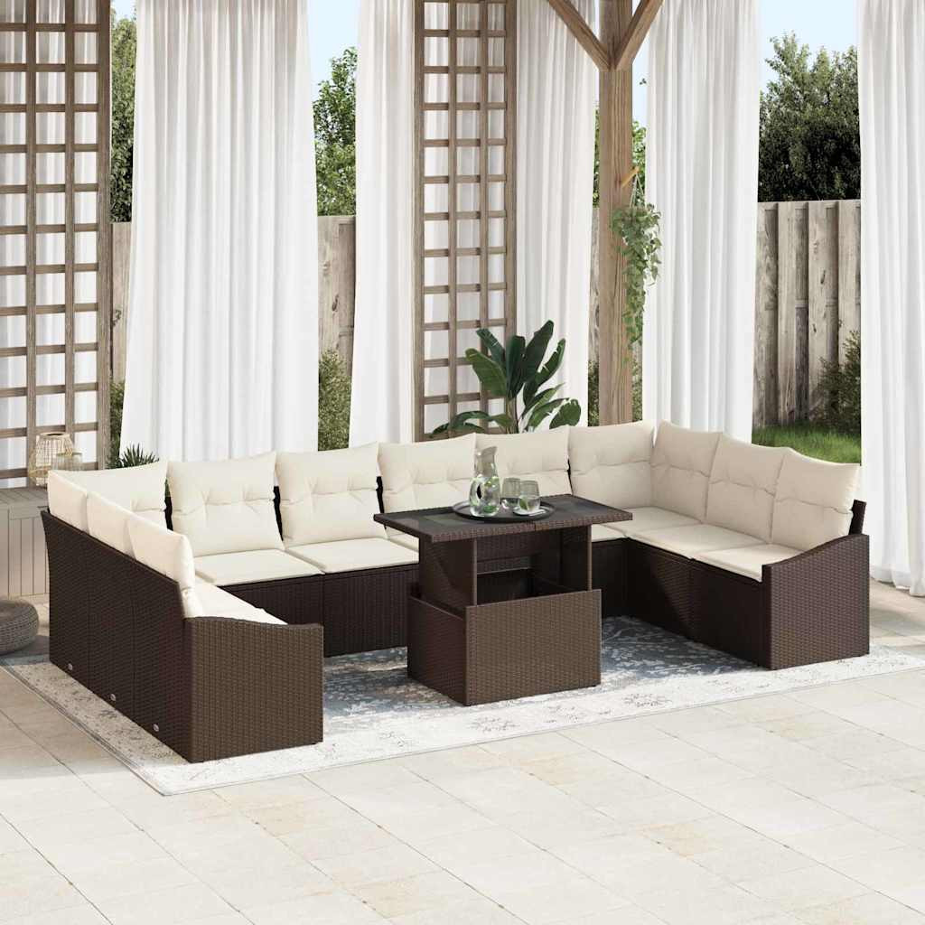 vidaXL Sofa Set mit Kissen 11 pcs Braun und Creme Poly-Rattan