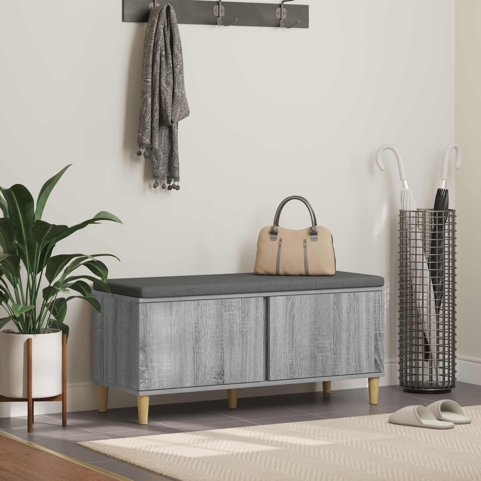vidaXL Flurbank mit Kissen mit Speicher Graues Sonoma 100 x 38 x 46 cm
