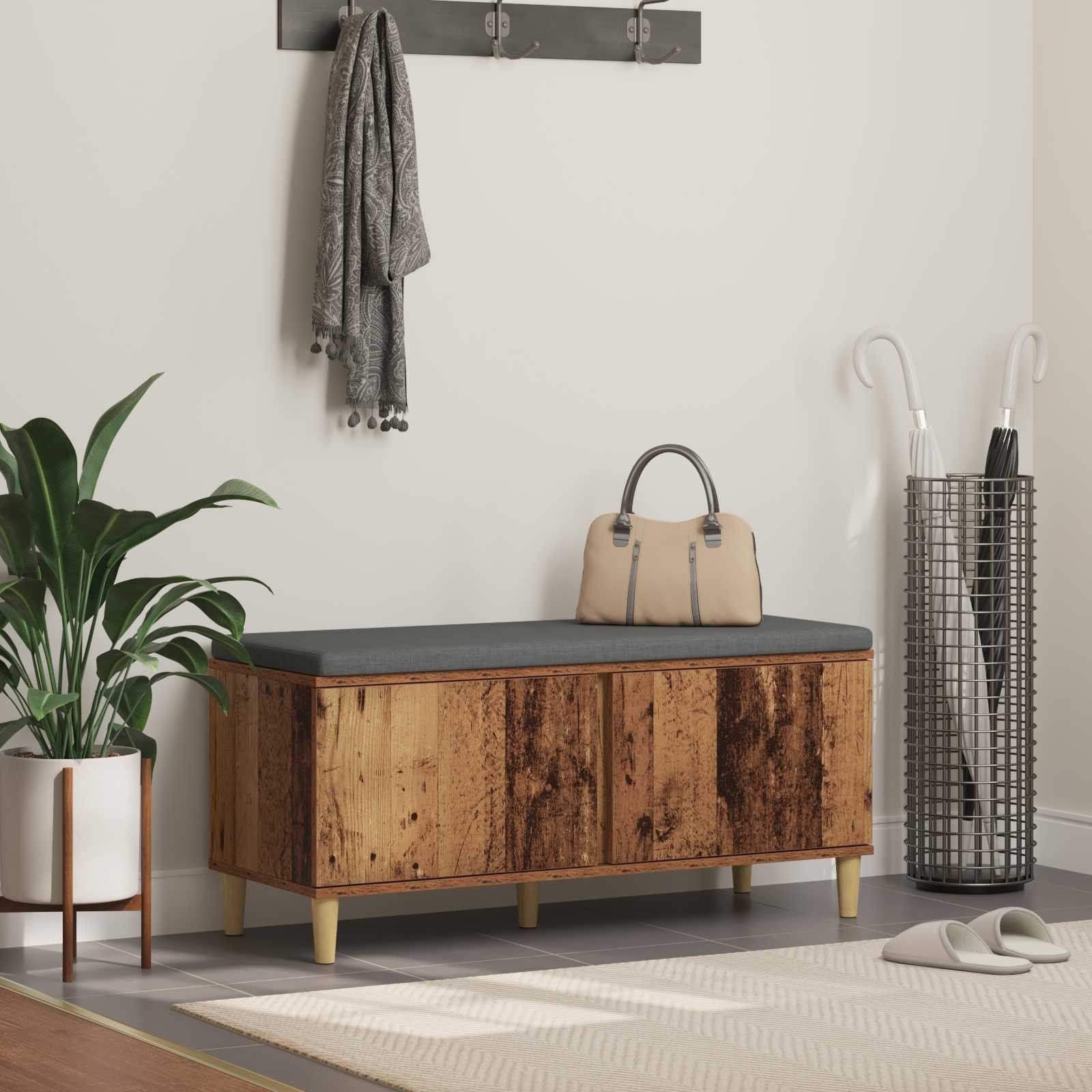 vidaXL Flurbank mit Kissen mit Speicher Altholz 100 x 38 x 46 cm