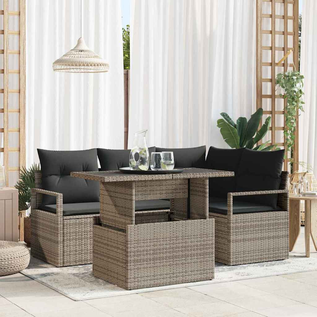 vidaXL Garten-Sofa-Set mit Kissen 5 pcs Grau Poly-Rattan