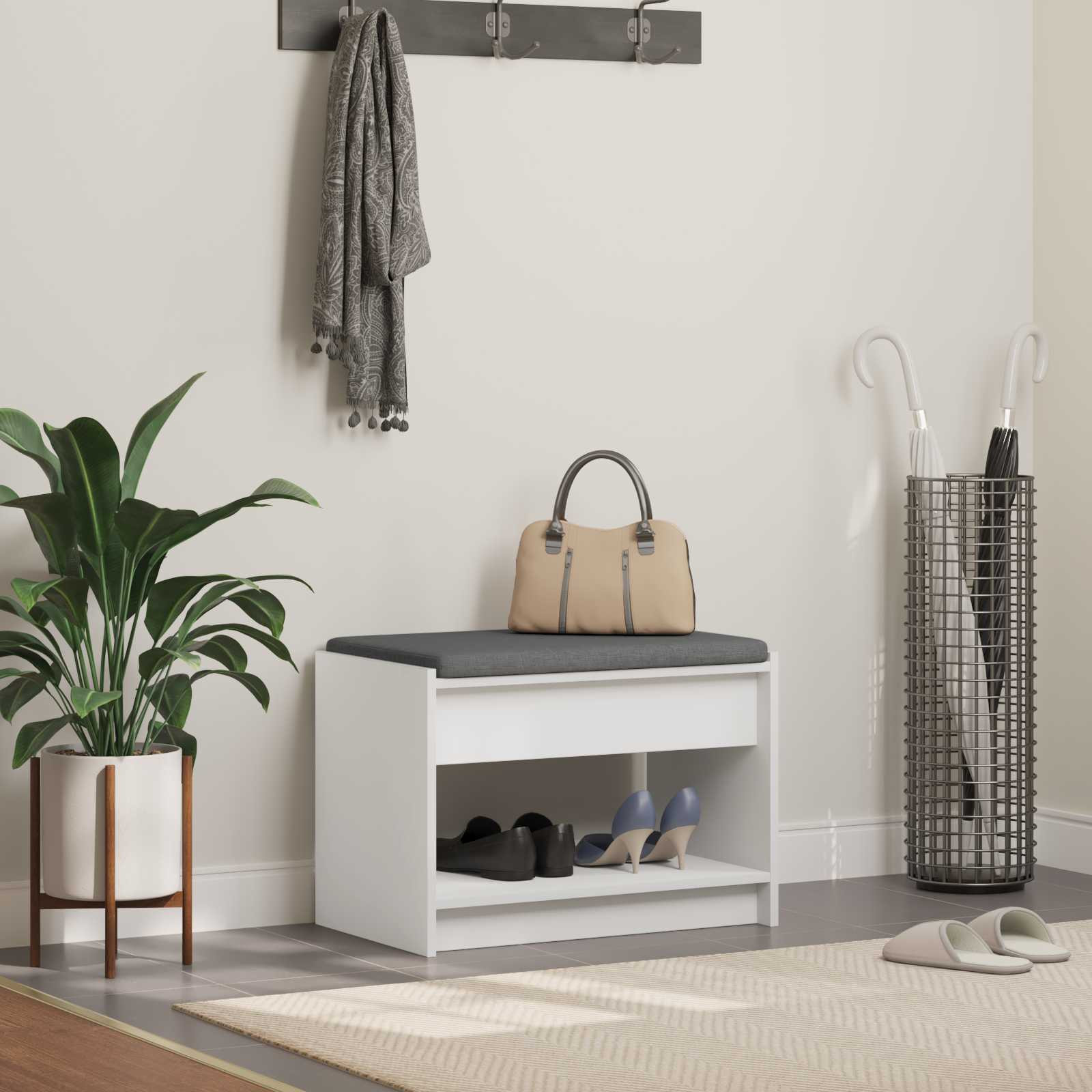 vidaXL Flurbank mit Kissen mit Regal mit Speicher Weiß 63 x 38 x 45 cm