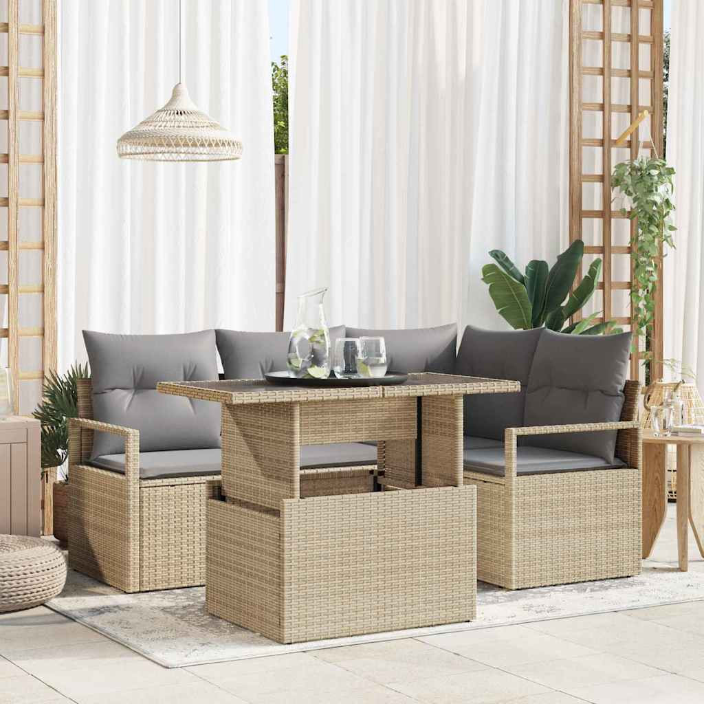 vidaXL Garten-Sofa-Set mit Kissen 5 pcs Beige und Hellgrau Poly-Rattan