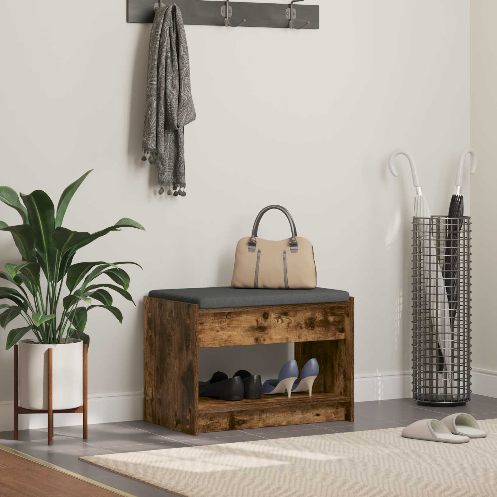 vidaXL Flurbank mit Kissen mit Regal Geräucherte Eiche 63 x 38 x 45 cm