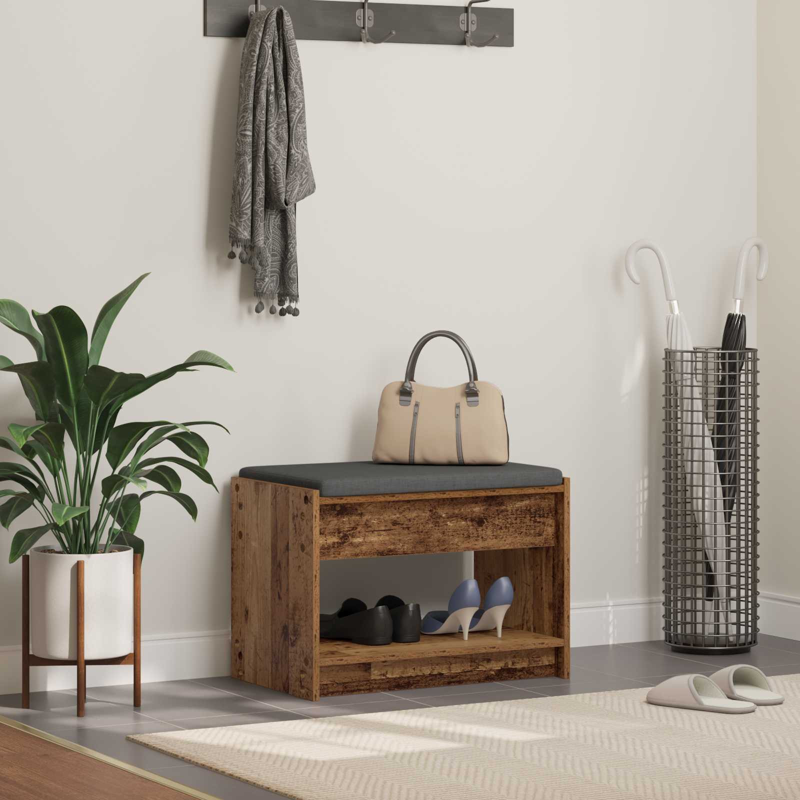 vidaXL Flurbank mit Kissen mit Regal Altholz 63 x 38 x 45 cm