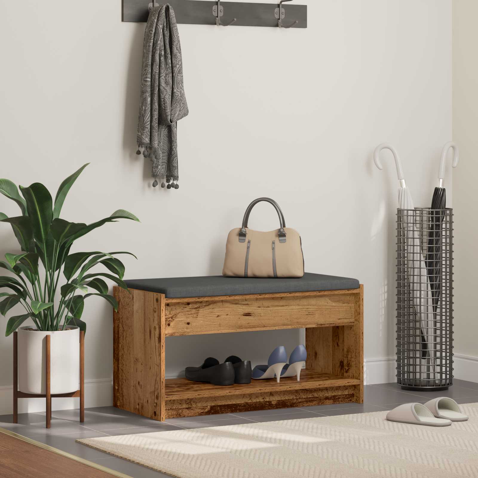 vidaXL Flurbank mit Kissen mit Regal Altholz 83 x 38 x 45 cm