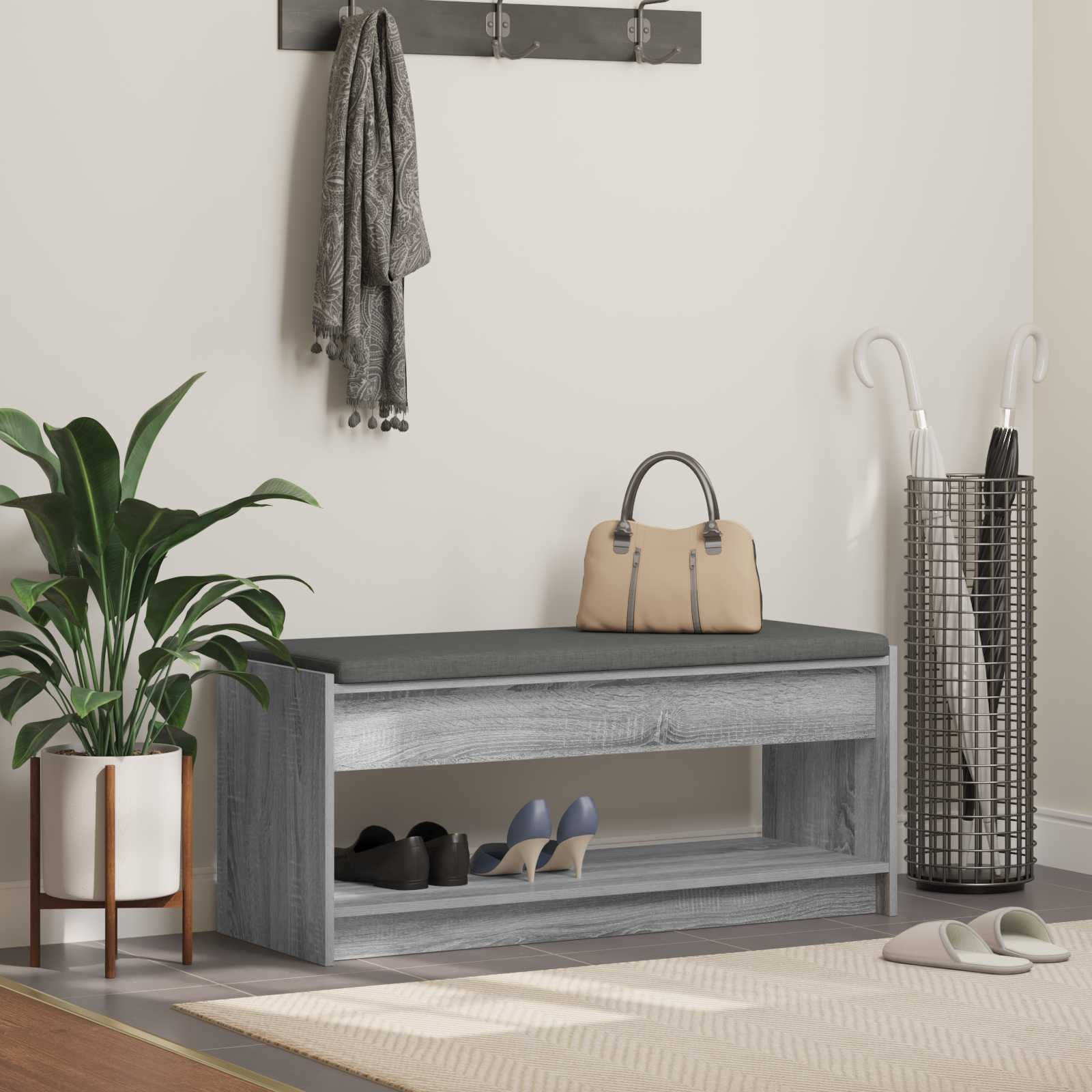 vidaXL Flurbank mit Kissen mit Regal Graues Sonoma 103 x 38 x 45 cm