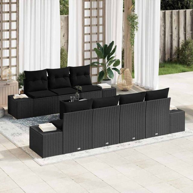 vidaXL Sofa Set mit Kissen 8 pcs Schwarz Poly Rattan